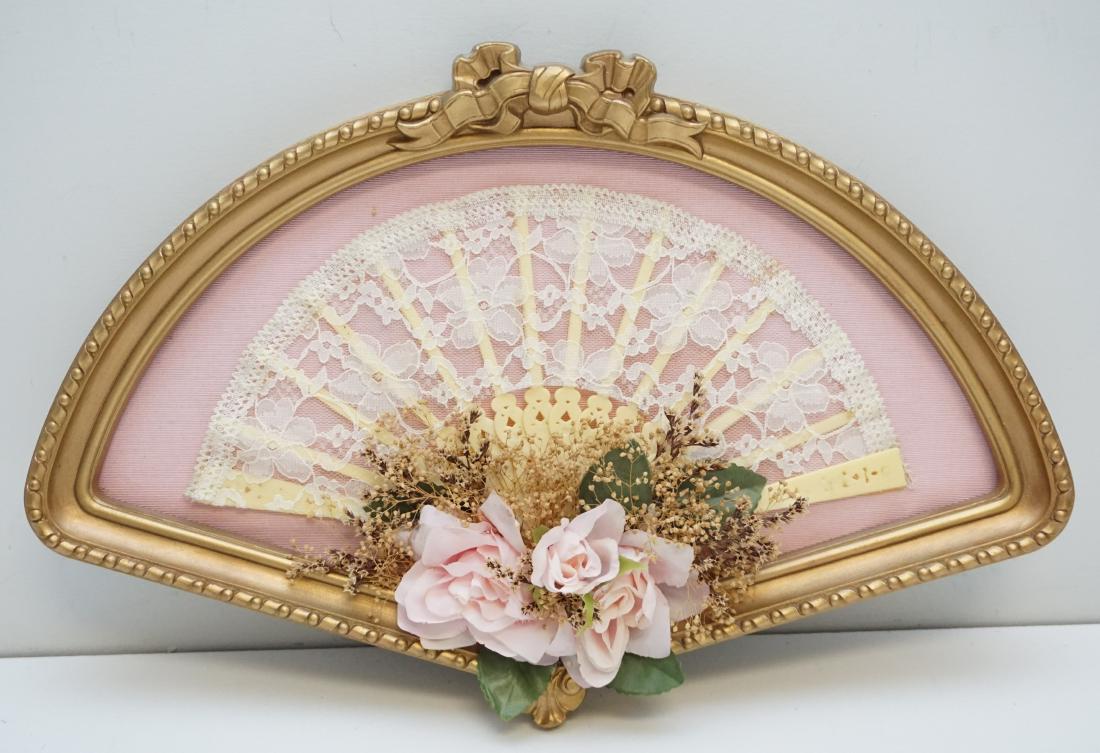 SHADOWBOX FRAMED LACE FAN: Vintage Framed Celluloid Lace Fan with silk and dried flowers on pink taffeta. No glass. gold plasric frame. Perfect for young girls room. 16"x10"x1 1/2". Weight 12 oz.