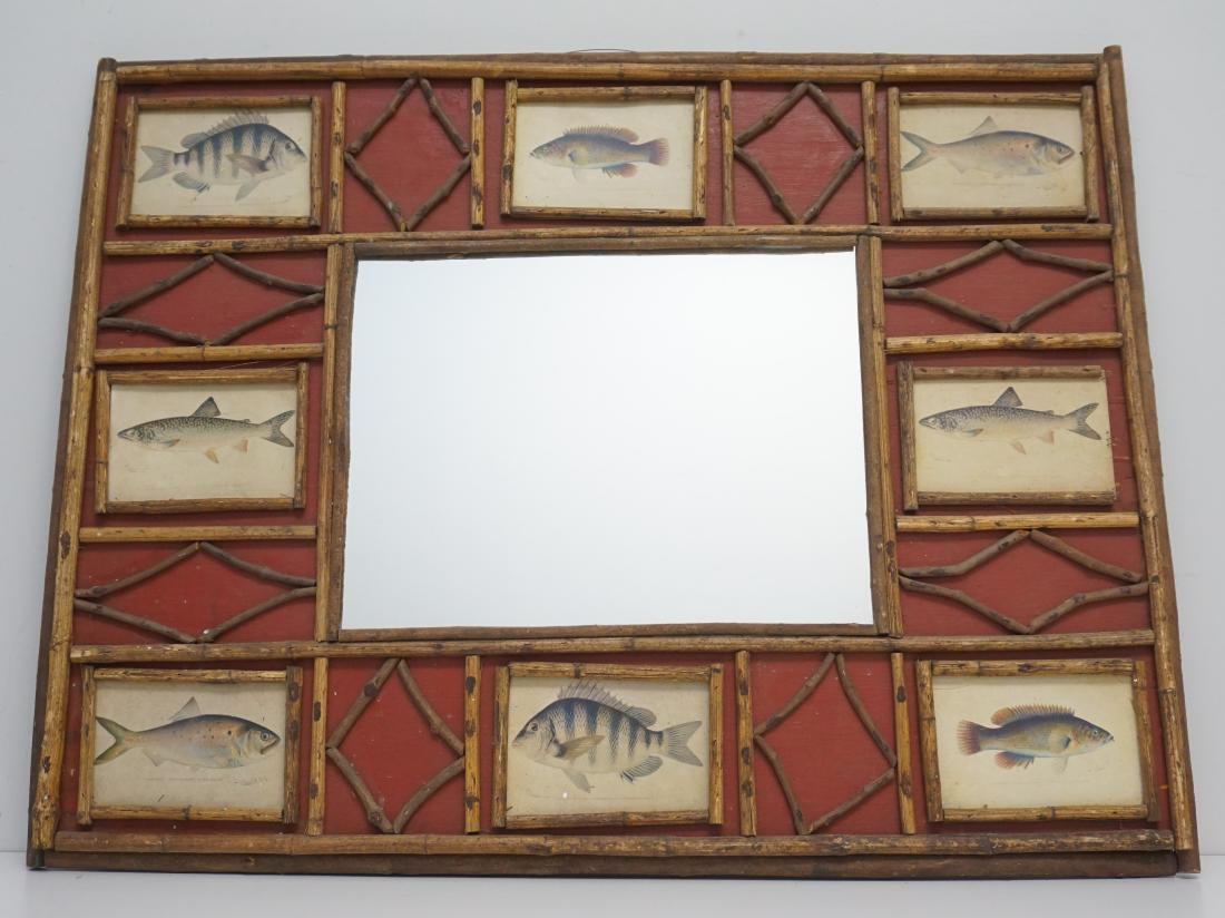 ADIRONDACK / CABIN TWIG MIRROR: Rustic Older Adirondack wall hanging twig mirror, constructed of twigs, central mirror and fish lithographs. Perfect for cabin or fish camp. Measures 331/2"x26"x1" Weight 14 pds. PROVENANCE: A Private