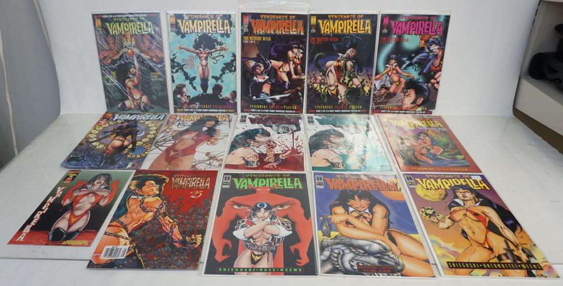 14 VAMPIRELLA INCL SIGNED JULIE STRAIN & 2 FOILS: 14 Harris Comic Vampirella Comic Books. All in excellent condition. The group includes a 1- Julie Strain autographed copy of Vampirella #2, Limited Edition with COA. 2 & 3- Two 1994 #1 Red Foil & #2 B