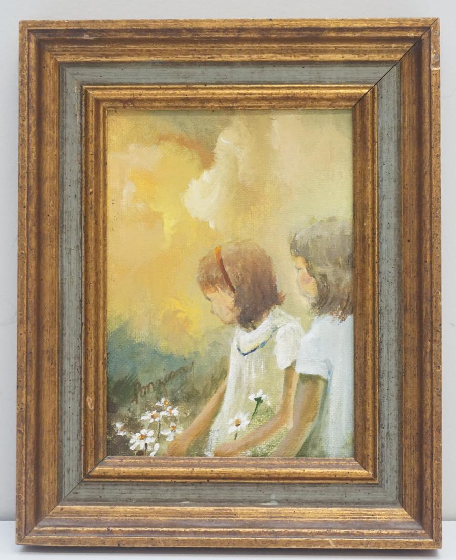 KATHLEEN PONZIANI (1929-2012) YOUNG GIRLS: An original acrylic painting on canvas hand signed by the artist, Kathleen Ponziani (1929-2012) of Kettering, Ohio. Two young girls with daisies in gilt wood frame. Measures 7 3/4"x9 1/2"x 1 1/4". Wei