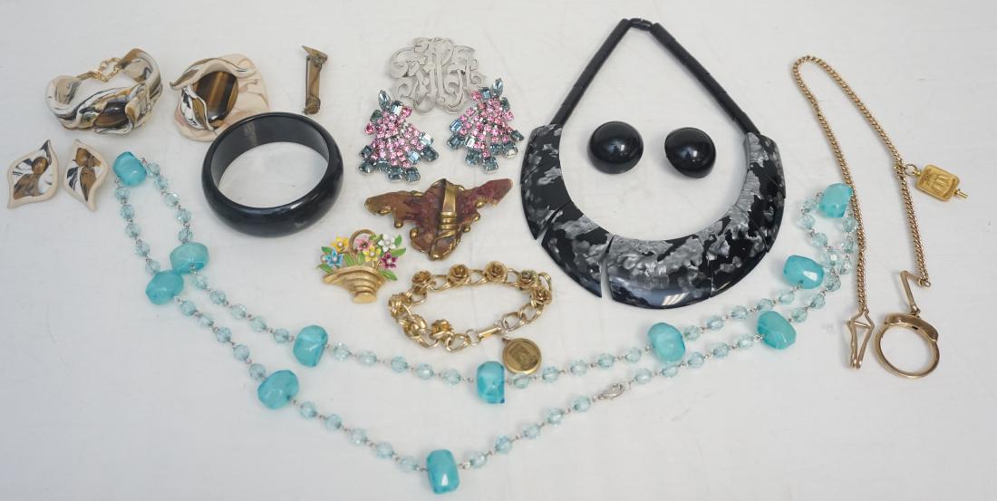 14 pc ESTATE COSTUME JEWELRY STERLING: 14 Pieces of Estate Vintage Costume Jewelry. Large Sterling Scrolled Brooch 2 1/4". Lucites, Rhinestones Enamel, Gold Filled. Parure of Clay and Lucite. Watch Fob from U of GA Intramural Key. Copper a