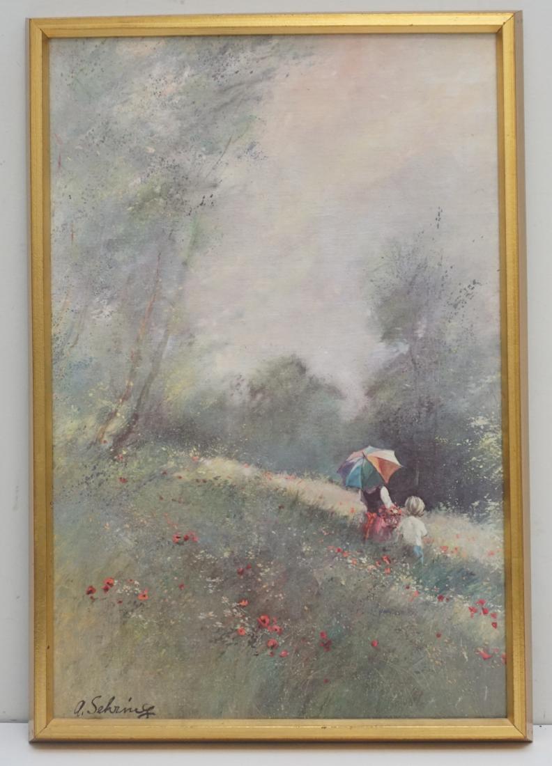 ADOLF SEHRING (1930-2015) GICLEE: Adolf Sehring (1930-2015) Giclee Print on Canvas. Two children in a field with umbrella. In gilt wood frame, measures 19"x12 1/2"x1". Weight 1 pd 11 oz. Adolf Sehring's works are in the Victoria and A