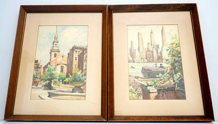2pc ”NICHOLAS MARKVITCH LITHOS: Two Vintage Mid Century Nicolas Markovitch (Serbian-French, 1894-1964), Lithographs signed "Marc". Markovitch was an artist, watercolorist, architect and block printer. Each in frame under glass measu