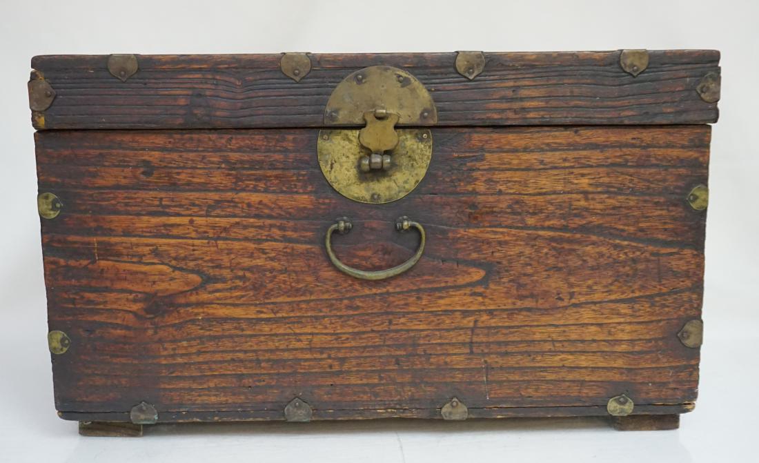 ANTIQUE 19th c KOREAN WEDDING CHEST: Antique c. 1870-90 Korean Wedding Chest made entirely of Paulownia Wood. With brass fittings. From Seoul with COA. Measures 20 1/2"x11 1/2"x12. Hinges loose, need to be renailed. Weight 5 pds. PROVENA
