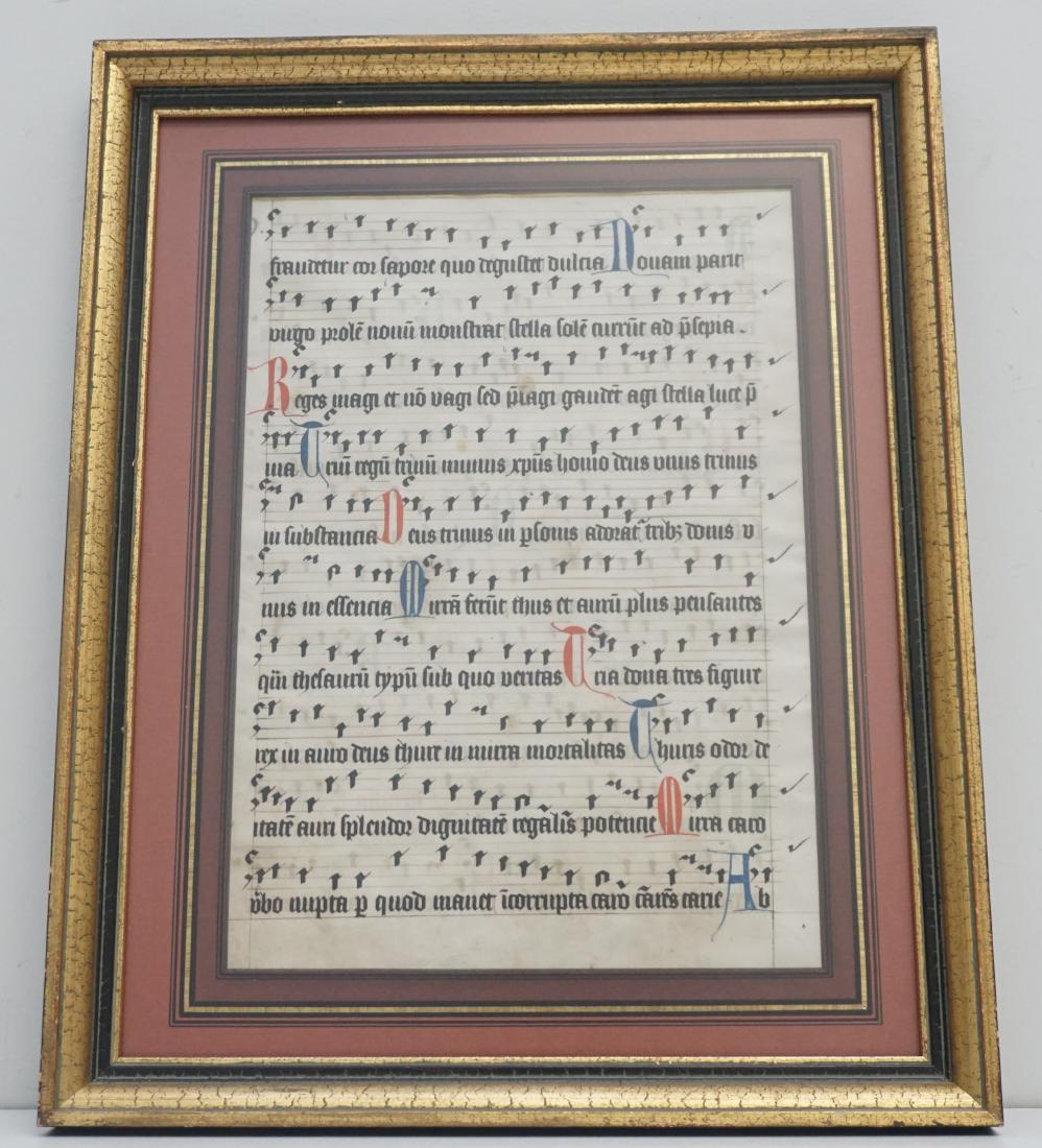 SECULAR ILLUMINATED MUSIC SHEET: Secular Illuminated Music Sheet in Veum. Double sided Page. Professionally Framed and matted under non glare glass. In frame measures 14 1/4"x16 1/2"x1 1/4". Weight 2 pds 6 oz. PROVENANCE: A Pawleys I