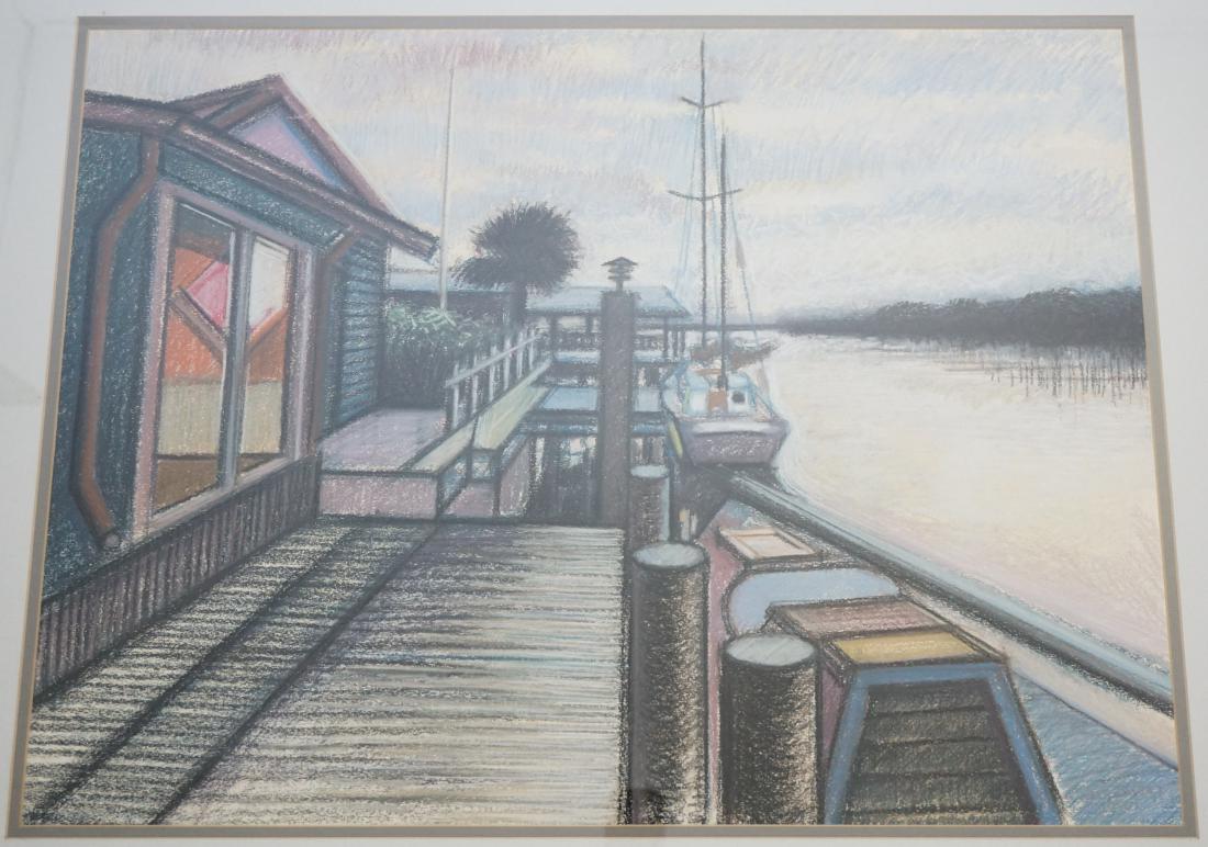 EDWARD COWLEY "ON THE DOCK" PONCE INLET ORIGINAL: Original Pastel by Edward "Ed" Cowley (1925-2014) "On the Dock" Ponce Inlet, painted in 1990. Professionally Framed and Matted. In Frame measures 26 1/2"x32"x1 1/4". Weight 10 pds. PROVENANCE: A Priva