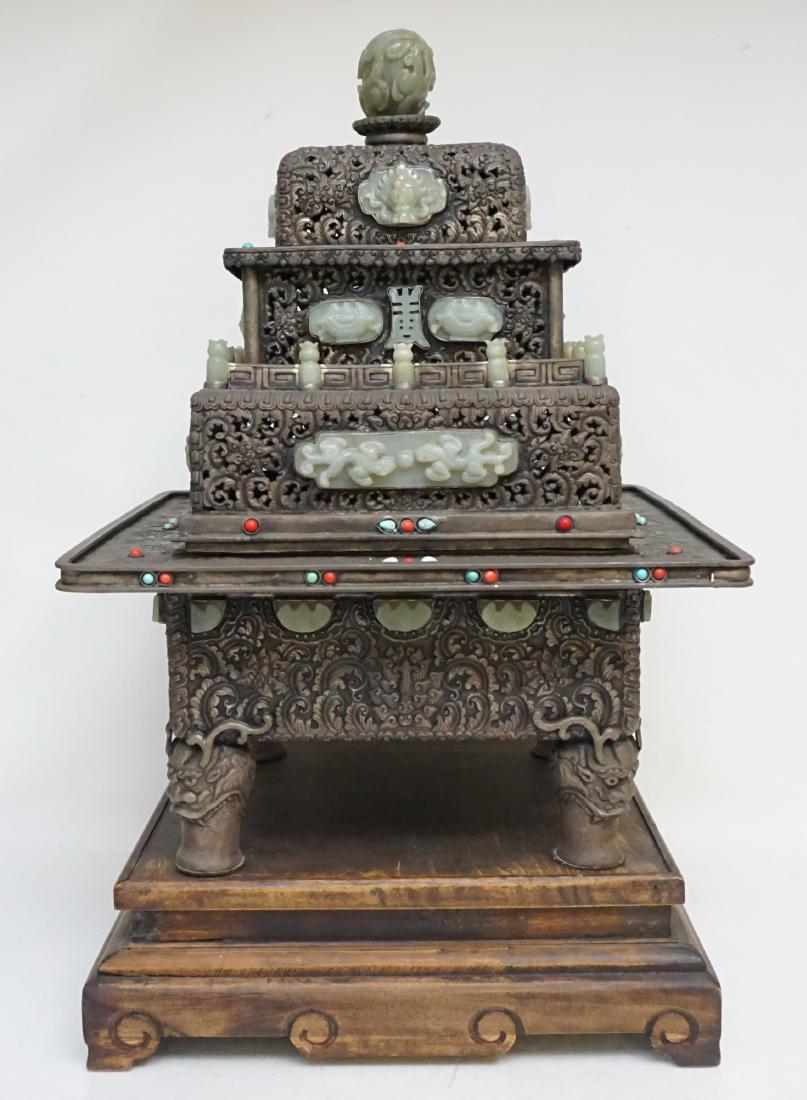 LARGE MONGOLIAN SILVERED JADE CENSER: Large Ornate Chinese / Mongolian Jade and Hardstone Inlaid, Silver over Copper Temple Censer, Qing Dynasty. Floral and foliage ornate pierced design, inset with Jadeite plaques, turquoise and coral, i
