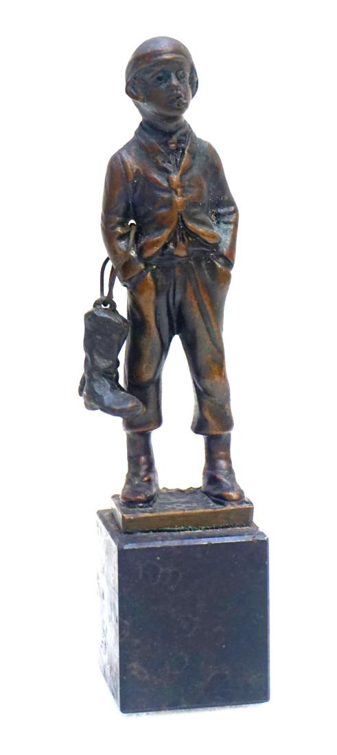 MORATH FIGURAL BRONZE SCULPTURE: Continental early 20th c Morath Miniature Bronze Figural Sculpture. Young boy / Jockey with boots, smoking a cigarette. Signed to back of base "Morath". On black granite base. Measures 1 1/2"x1 1/2"x6