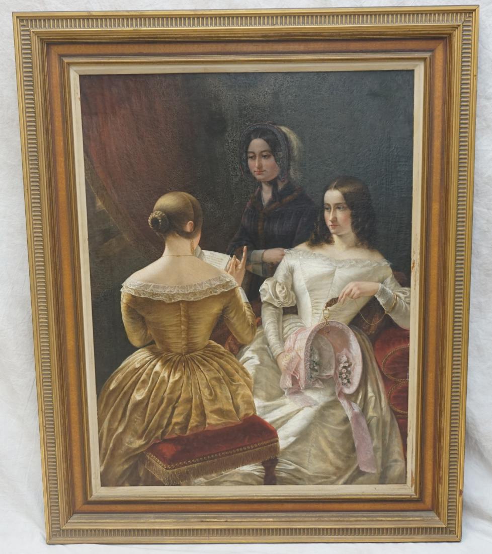 ATTRIBUTED TO FRANZ XAVIER WINTERHALTER: Large 19th c. Oil on Canvas "Three Women" attributed to Franz Xaver Winterhalter. Finely painted, still has the label en verso from when it was shipped from Paris. There is craquelure. Old reline. Str