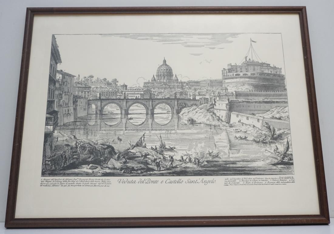 PIRANESI ETCHING VEDUTA DEL PONTE: Framed Etching Veduta del Ponte e Castello Sant' Angelo. View of the Bridge and Castel Sant' Angelo (the Mausoleum of Hadrian), the foreground with boats on the Tiber and the dome of St Peter's Basili