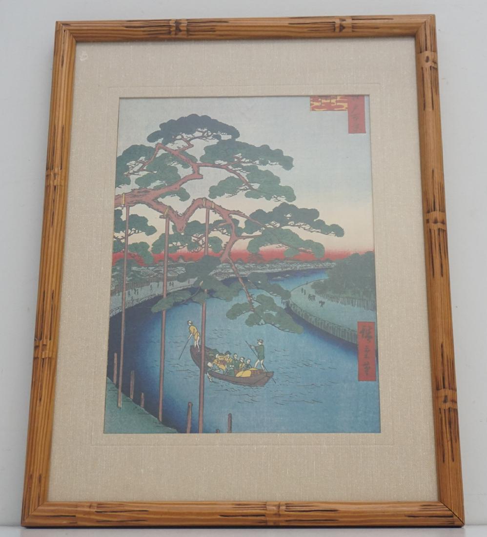 UTAGAWA HIROSHIGE WOODBLOCK FIVE PINES: Utagawa Hiroshige Five Pines, Onagi Canal (Onagigawa Gohonmatsu), from the series One Hundred Famous Views of Edo (Meisho Edo hyakkei).Framed and marred in faux bamboo frame. Good condition, measures 