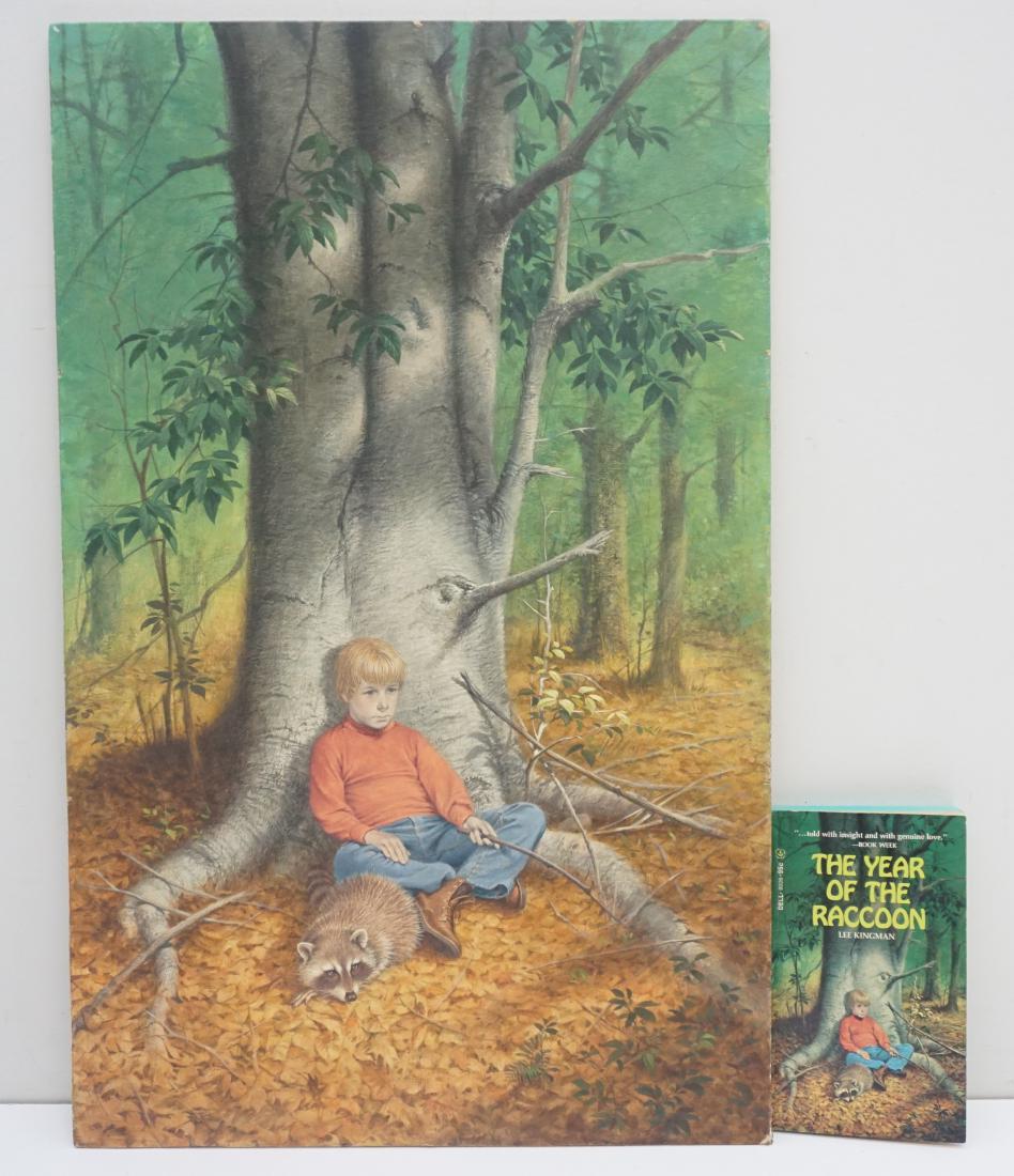 ORIGINAL DELL COVER ILLUSTRATION: Original Dell Publishing Company Cover Illustration for "The Year of the Raccoon" a Lee Kingman Paperback. Unsigned, artist unknown. Will include the paperback book from Dell, that this painting was t