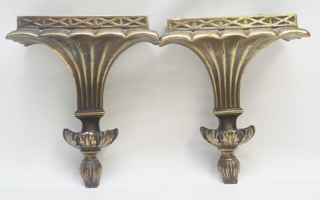 PAIR NEOCLASSICAL GILTWOOD WALL BRACKETS: A Pair of Neoclassical Gilt Wood Wall Brackets, c. 1850. Gilt, gesso ad compo on wood, blind fretted frieze. Each 6 1/4"x4"x7 3/4". Weight combined 3 pds 10 oz. PROVENANCE: A Pawleys Island Private Es