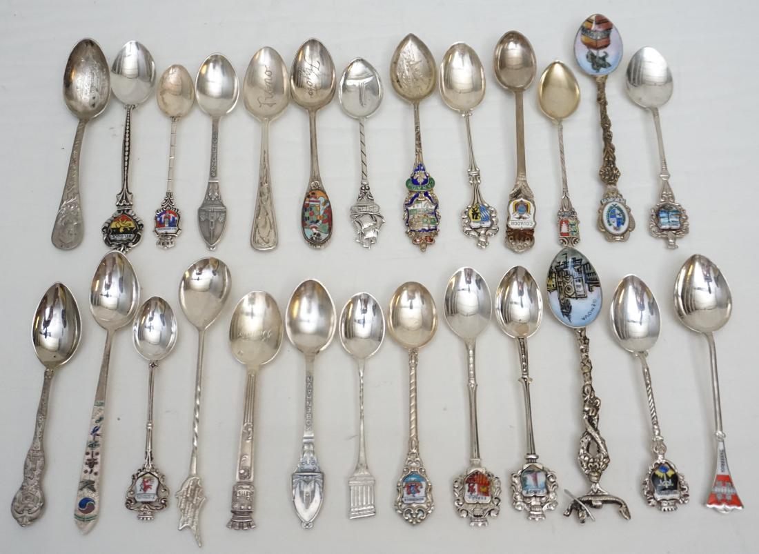 26 SOUVENIR SPOONS 800 SILVER + PLATED: 26 Antique and Vintage Souvenir Spoons. 800, 525, 900 and Sterling Silver, Some EPNS and Plated. Many with enameling.Great way to start or add to any collection. Weight 11 oz. PROVENANCE: A Private Ch