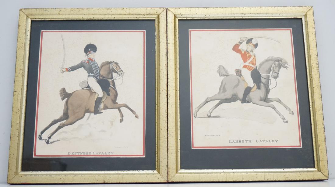 2 BORGHESE FRAMED ROWLANDSON CAVALRY PRINTS: 2 Vintage Borghese Framed Hand-Colored Military Prints by famous British caricaturist Thomas Rowlandson from his Cavalry series. Colors are bright, including silver paint on uniform trim. Both are ind
