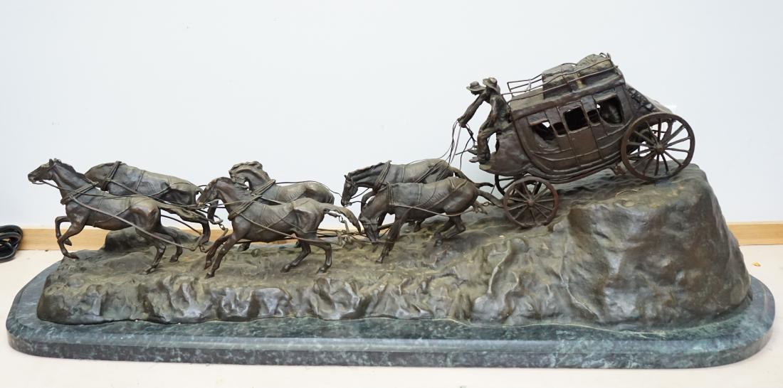 LARGE RUSSELL "STAGECOACH" BRONZE SCULPTURE: Large C.M. Russell Stagecoach Bronze. Measures 46.5x18x16. Weight more than 50lbs professional movers will be required. Charles Marion Russell, also known as C. M. Russell, Charlie Russell, and "Kid" 