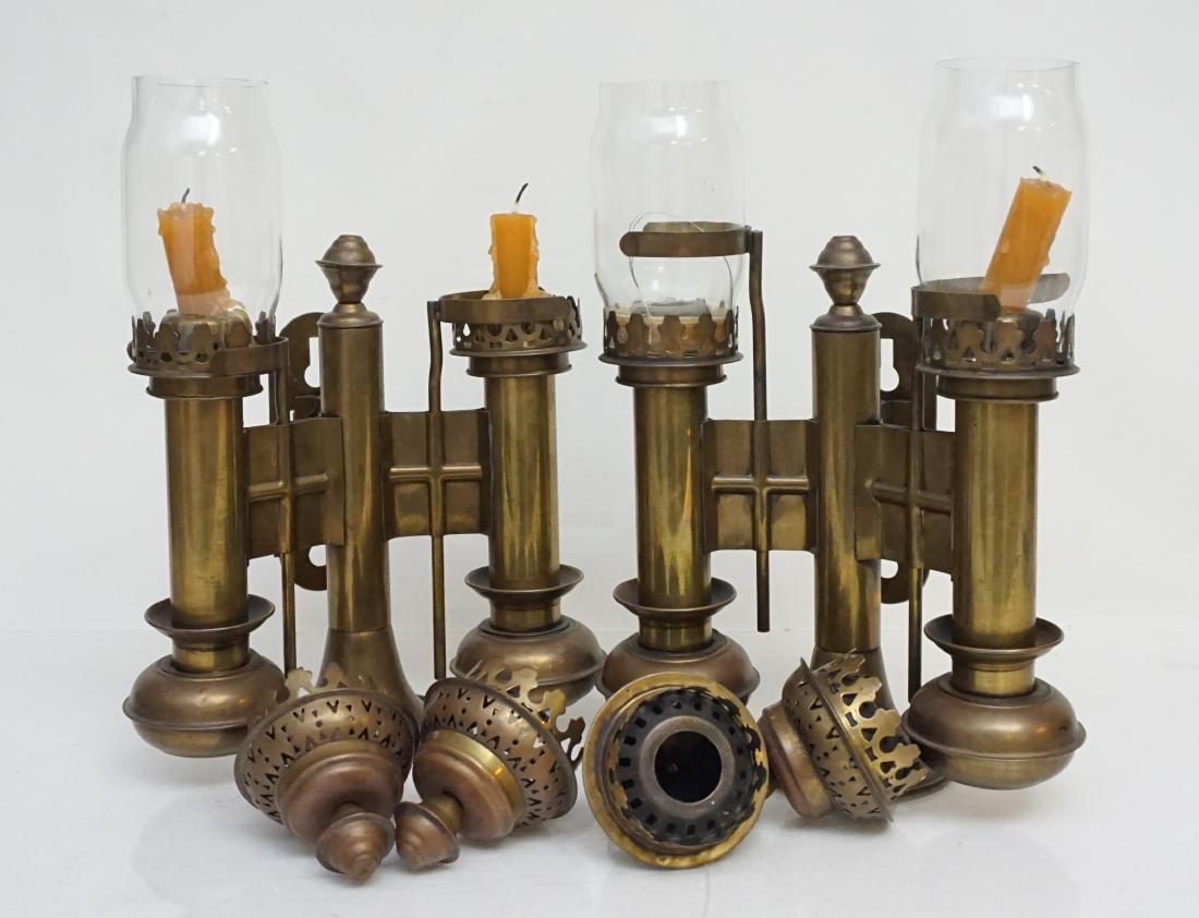 2 ANTIQUE BRASS RAILROAD CANDLE WALL SCONCES: Two Antique Railroad Brass Candle Wall Double Sconces. These mounted wall lamps would have been used in the train cars for lighting with use of a candle. 9" across x 9" Tall ( w/o shades) 5" deep. Wei