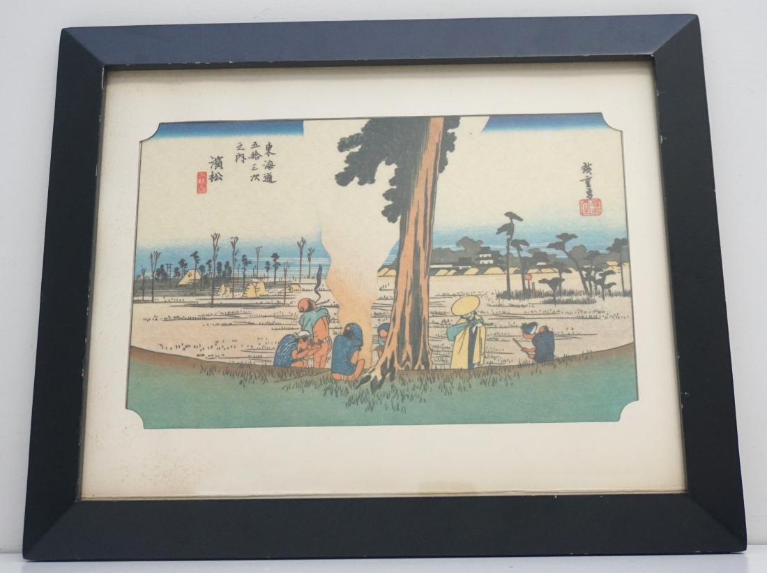 HIROSHIGE WOOD BLOCK HAMAMATSU: A older woodblock print by Japanese artist Hiroshige. The work depicts Hamamatsu, one of the fifty three stations of the Takaido Highway. Wood block shows travelers warming themselves by a fire next t