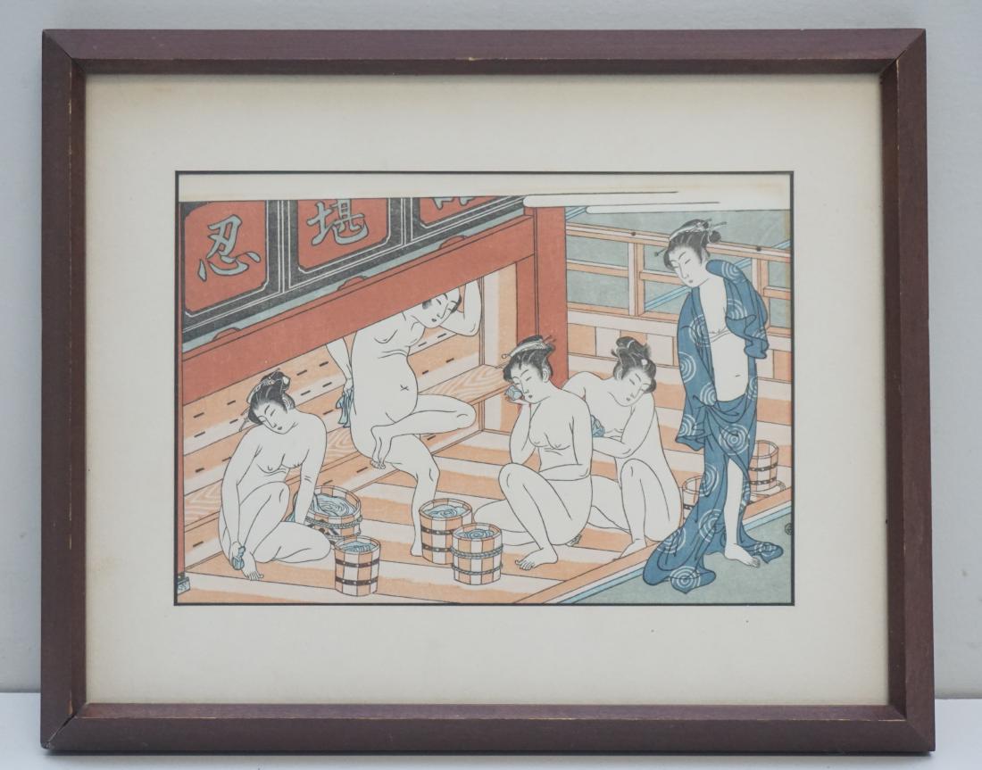 KORYUSAI INTERIOR OF A BATHHOUSE WOODBLOCK: Japanese Wood Block Print after Isoda Koryusai, "Interior of a Bathhouse". This print depicts a group of the women bathing from buckets of water. A figure holding onto a blue robe with white accents s
