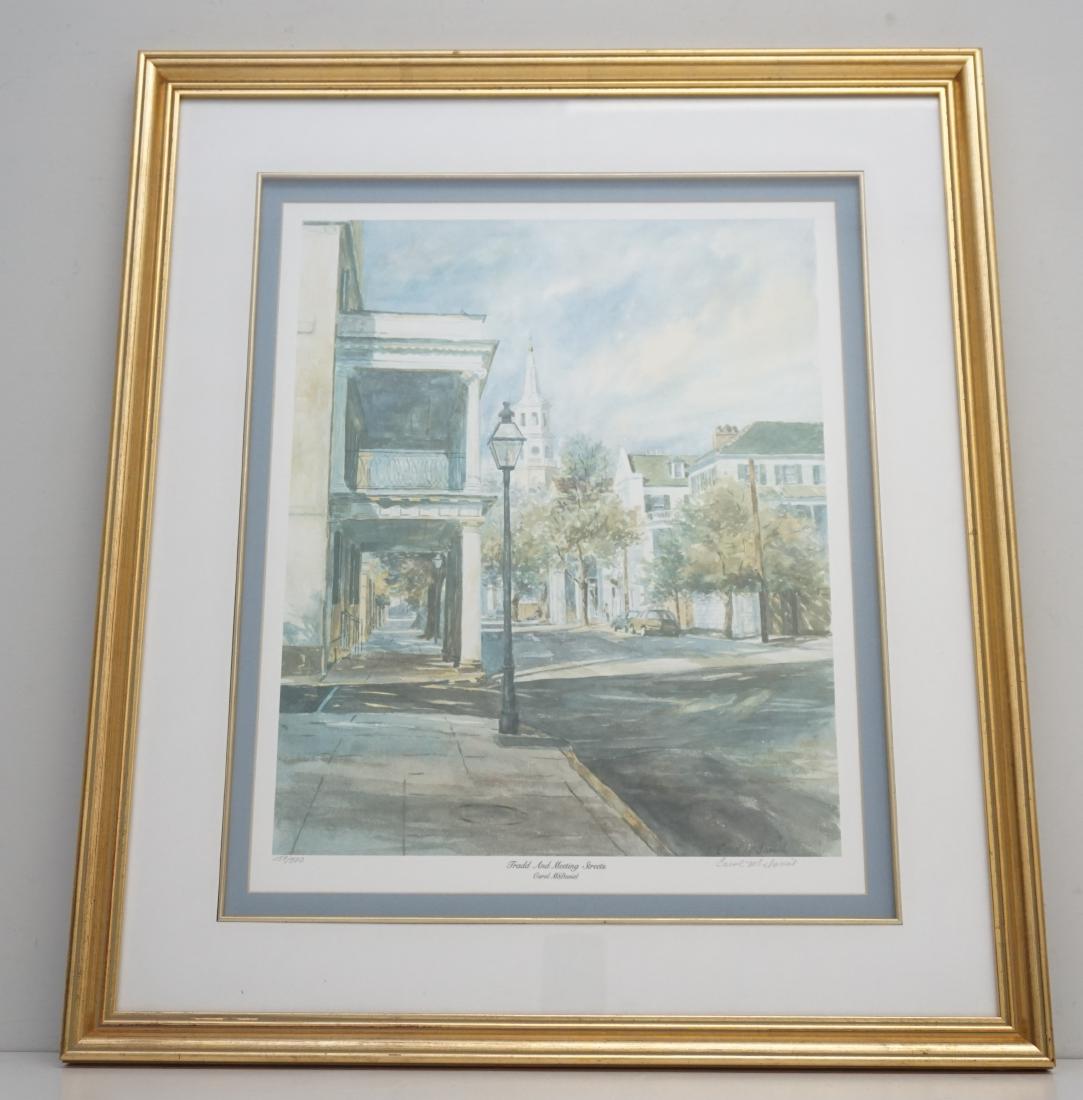 TRADD & MEETING STREETS CAROL MCDANIEL PRINT: Limited Edition Charleston Print by Carol McDaniel Clark. "Tradd and Meeting Streets" pencil signed and numbered 159/500 by the artist. Professionally framed and matted, measures 22"x25"x1". Weight 7 