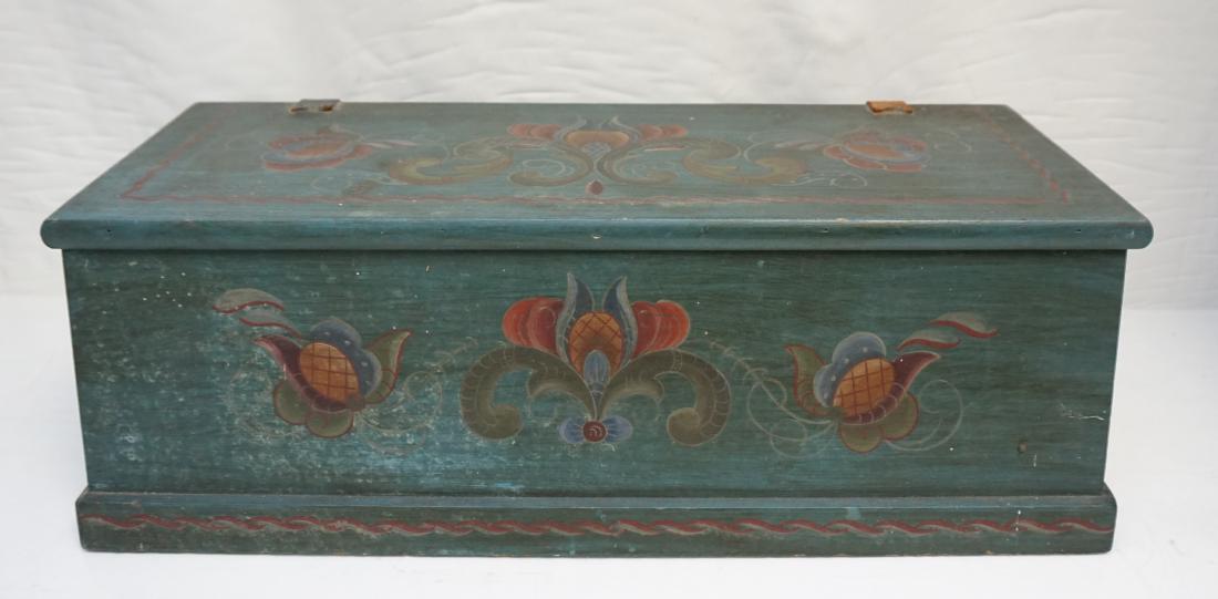 WOOD PAINTED FOLK ART BOX: Painted Wood Folk Art Box. Rope handles, leather hinges, both broken. Measures 24x11"x8". Weight 6 pds. PROVENANCE: A Charleston SC Private Estate.