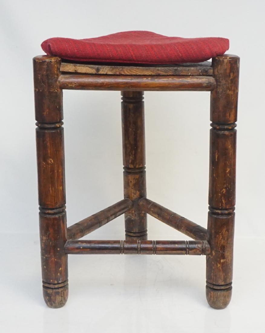 ANTIQUE DANISH COBBLERS STOOL: Antique Danish Primitive Cobblers Stool. Triangular on 3 sturdy ringturned legs with 3 stretchers. Measures 14"x14"x18 1/2". Weight 6 pds 8 oz. PROVENANCE: A Private Charleston SC Estate.