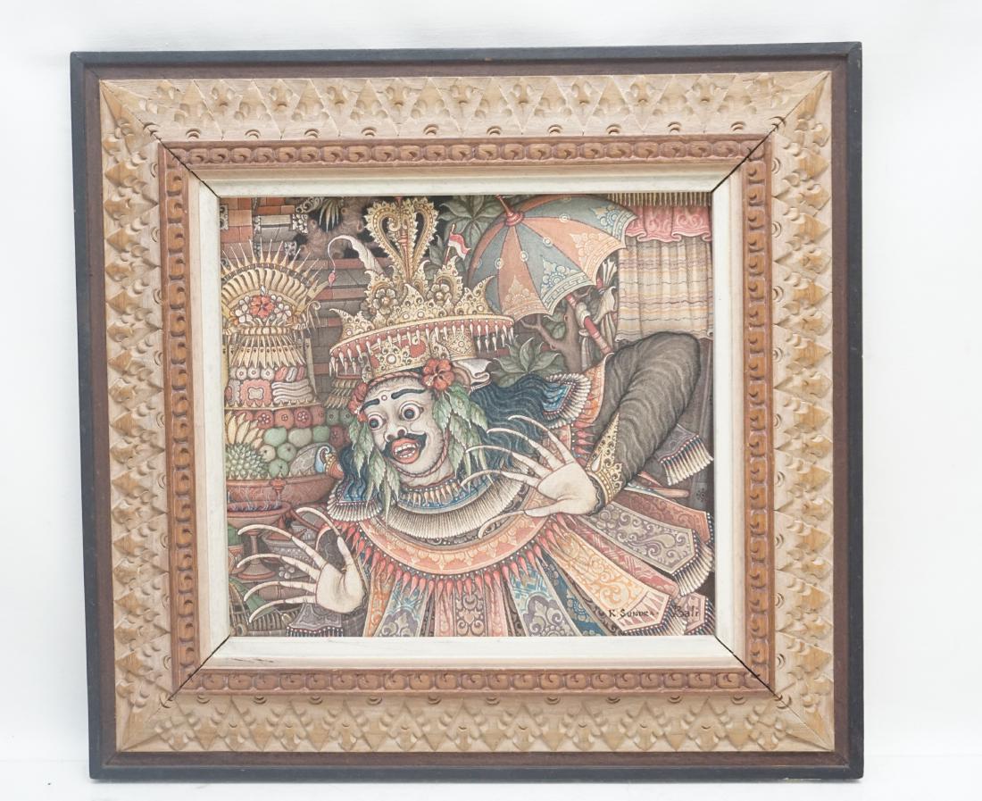 BALINESE PAINTING ON COTTON: Vintage Balinese Painting on cotton. Finely Painted Dancer. Natural inks on cotton canvas. Artist J. Ketut Sundro. Dated 1983. Provenance on verso. In original hand carved frame from Bali. In frame 14