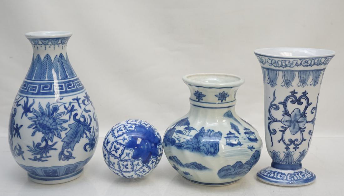 4 BLUE & WHITE PORCELAIN ITEMS: 4 20th c. contemporary blue & white porcelain decorative pieces. 3 Vases and 1 carpet ball. Vases measure 7 3/4, 6 and 5 3/4 inches and combined weight is 3 pds 13 oz. PROVENANCE: A Private Charleston