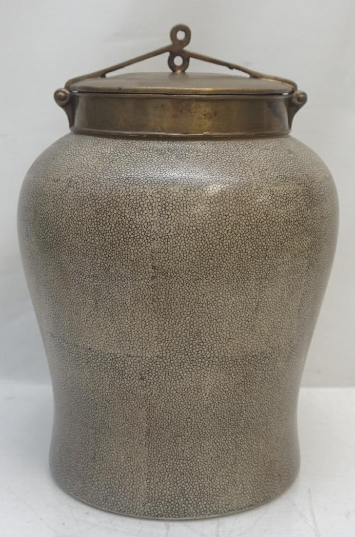 TOZAI HOME CHINESE JAR: Tozai Home Contemporary 20th c. Chinese Jar with brass top and faux shagreen porcelain body.. Lid 8.5 across x 12" w/ Lid/ Weight 10lbs