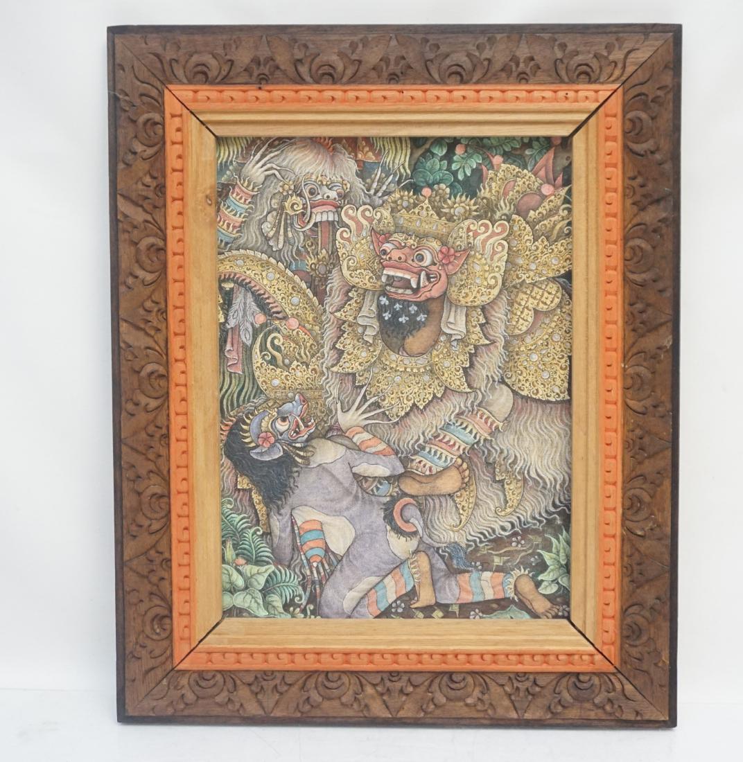 BALINESE PAINTING ON COTTON: Vintage Balinese Painting on cotton. Finely Painted Dancers. Natural inks on cotton canvas. Artist MD Merte S. Jebesaya Ubud. Signature on verso. In original hand carved frame from Bali. In frame 16 1