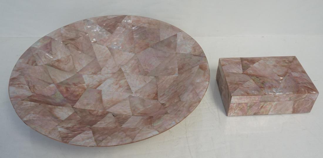 2 ROSE ABALONE CHARGER & BOX: 2 Piece 20th c. Rose Abalone Designer Accents. Large Charger / Bowl and Lidded Box. Good condition.Charger / Bowl 14"14"x2 3/4". Box 6"x4 1/4"x2". Weight 3 pds 10 oz. PROVENANCE: A Private Charleston