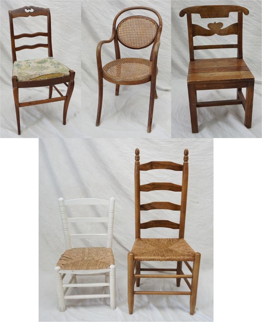 5 ASSORTED CHILDRENS SMALL/ SIDE CHAIRS: Five Antique Childrens and Side Chairs. All are antique and have age appropriate wear. Adult rush seat ladder back chair 42". Childs White Rush Seat 29. Great lot for dealer. PROVENANCE: A Charleston