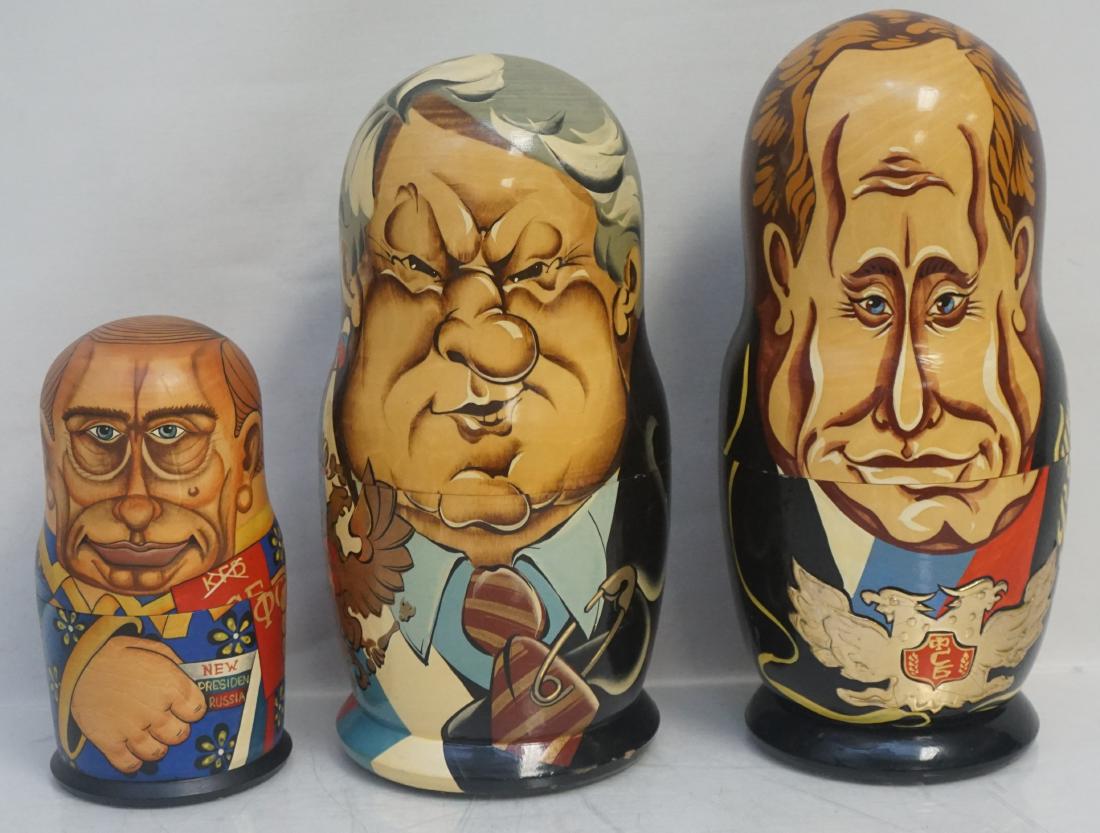 3 RUSSIAN PRESIDENTIAL MATRYOSHKA: 3 Matryoshka Russian Presidential Nesting Dolls. All contain various Russian Presidents. Well done, good condition. They measure 6 1/2". 10" and 10 1/4". Weight on all 3 pds 14 oz. PROVENANCE: A Priva