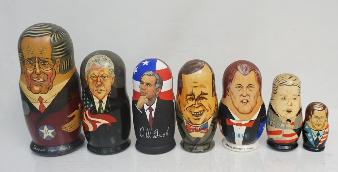 7 AMERICAN PRESIDENTIAL MATRYOSHKA: 7 Matryoshka American Presidential Nesting Dolls. All contain various American Presidents . Well done, good condition, with some flakes to top of President Clintons head. They measure from 3 3/4 up to