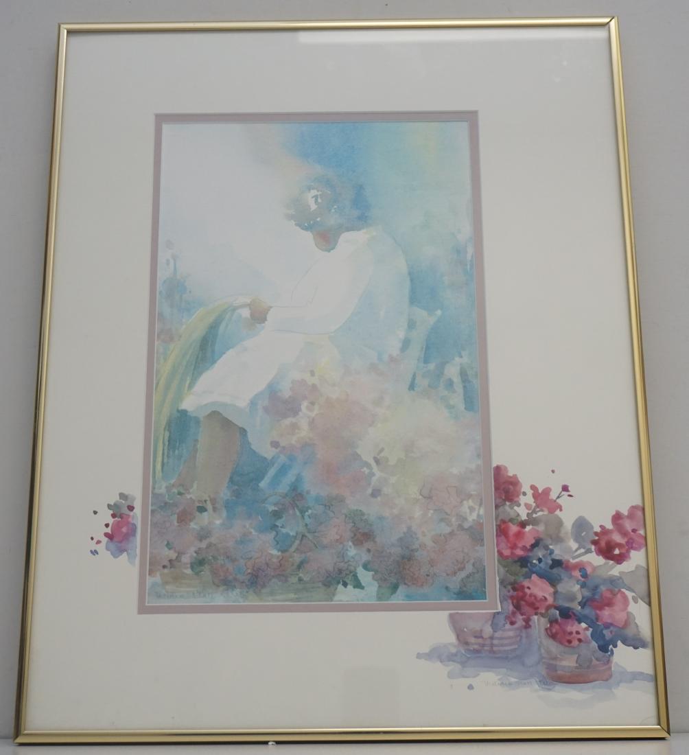 VICTORIA PLATT ELLIS PRINT SWEETGRASS WEAVER: Watercolor Print of a Sweetgrass Basket Lady by Victoria Platt Ellis of Summerville SC. With handpainted watercolor mat. Double matted under glass. Measures 16 1/2"x20 1/2"x1". Weight 4 pds. 6 oz. PRO