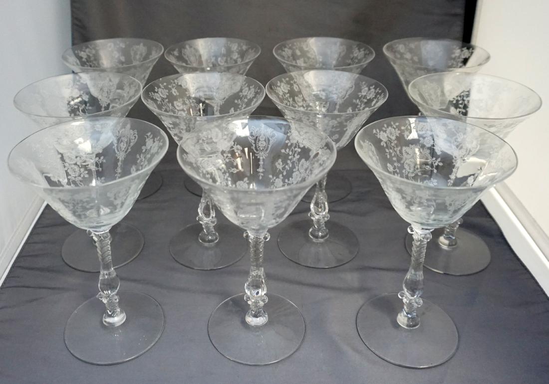11 CAMBRIDGE ROSE POINT CHAMPAGNES: 11 Vintage Cambridge Rose Point Etched Crystal Paneled Champagne Glasses. These were made by the Cambridge Company from 1934 to 1958. 1 chipped to rim. Each 6 3/8" Tall. 4 1/4" Width. Weight on all 5 