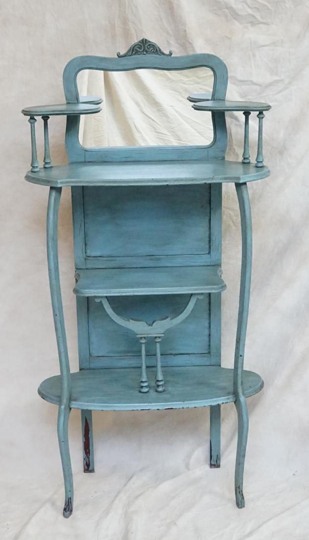 ANTIQUE PAINTED ETAGERE: Antique 19th c. Etagere. Painted in a soft blue. Three shelves, the top with two side candle shelves. Center Mirror with carved crest. The paint is older and does have a attractive distressed look. PR