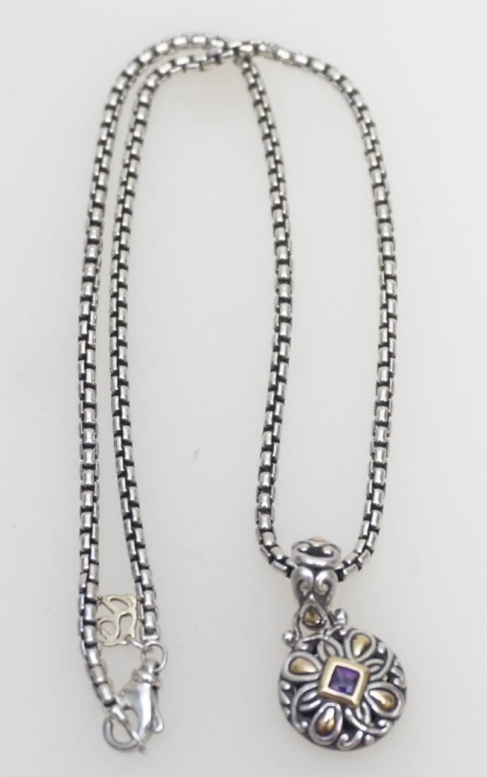 DAVID YURMAN STERLING 18K NECKLACE: David Yurman Sterling Silver, 18k Accents, Amethyst Center Flower Pendant with Box Chain. Chain 16" opened, Pendant 1". With the original pouch, excellent condition. Weight 25 grams. PROVENANCE: A Pri