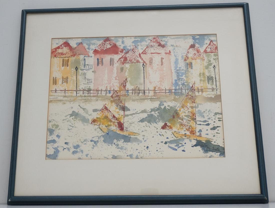 EDITH DeMAY SMITH WATERCOLOR CHARLESTON: Edith deMay Smith ( 1908-1984) Original Watercolor Charleston Harbor. Signed lower right. Professionally framed and matted. In frame measures 20"x17"x1". Weight 3 pds. 11 oz. PROVENANCE: A Private Cha