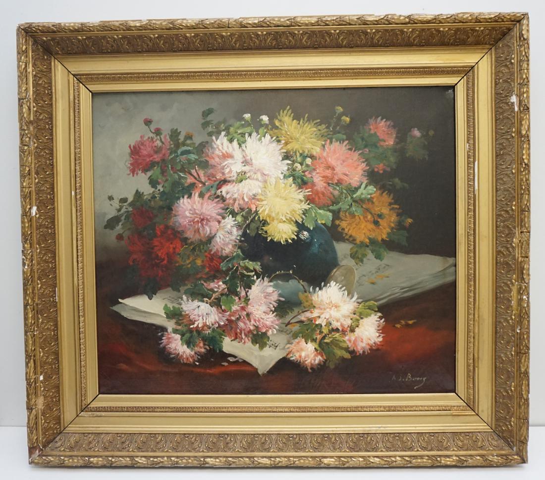 19th c. A.S. BUSSY STILL LIFE OIL: Antique 10th c. French Oil on Canvas Floral Still Life signed A.S. Bussy. A vase filled with Chrysanthemums on its side and sheet music. Very well done. In gilt wood frame. measures 36 1/2"x33"X3". We