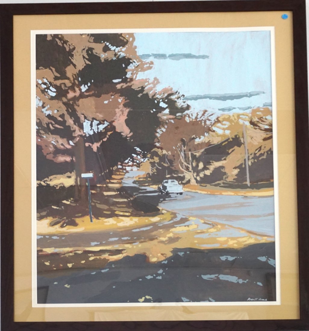 ORIGINAL ROBERT WARREN DASH AMERICAN 1931-2013: Original Robert Warren Dash (American, 1931-2013) Large Gouache on Paper "Sag Road". Signed lower right. Professionally framed and matted. In frame measures 28"x49"x1". Weight 21 pds. PROVENANCE: A Pr