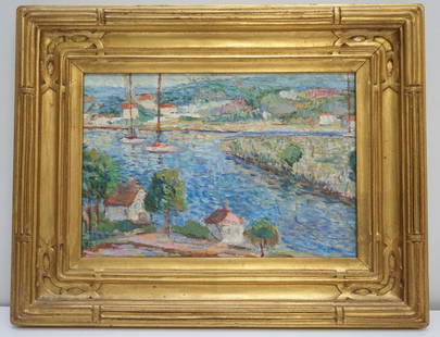 EDWARD HENRY POTTHAST (1857-1927) ATTRIBUTION: Oil on Artist Board attributed to American Impressionist Edward Henry Potthast (1857-1927). New England Coastal Village. Monogrammed EHP lower right. In gilt wood Art Nouveau Frame. In frame 18