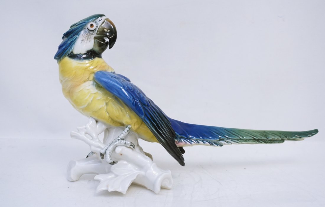 LARGE KARL ENS GERMAN PORCELAIN PARROT / MACAW: Large figural Blue Macaw from from the German Firm of Porzellanfabrik Karl Ens, modelled in a very naturalistic fashion. #6985, in very good condition. Magnificent color and fine detail. Mark used is