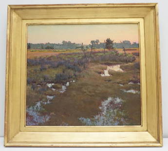 WEST FRASER OIL ON PANEL JOHNS ISLAND: Original Oil on Panel "Warm Fall Glow" Johns Island 1997 by West Fraser, Charleston SC. West has written on the back " Painted on Johns Island. The tide is rising and the sun is setting, bringing the