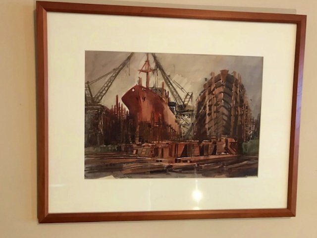 ROGER BAILEY(1897-1995) PASCAGOULA MISS SHIPYARD: Roger Bailey (American, 1897-1995) Original Watercolor on wove paper of a Pascagoula, Mississippi Shipyard c. 1940s. Signed by the artist lower right and also written is "To Marshall". The watercolor 