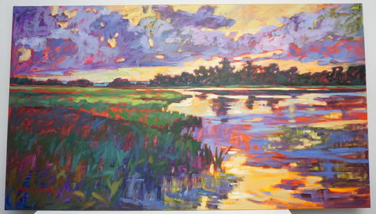 BETTY ANGLIN SMITH OIL SHEM CREEK: Large Original Oil on Linen by Betty Anglin Smith. "Shem Creek" 1999. Part of a series of shem creek painted in 1999. Large, the painting measures 70"x40"x2". Weight 14 pds. Current retail Gallery Val