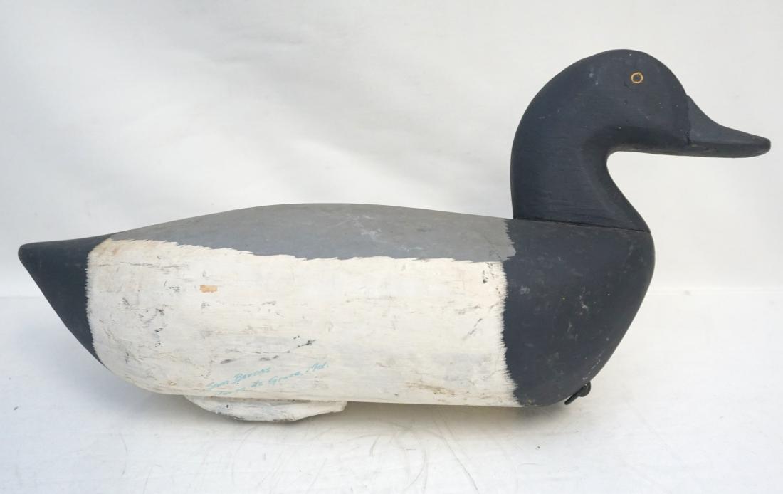SAM BARNES BLUEBILL DRAKE DECOY: Bluebill drake, Sam Barnes, Havre de Grace, Maryland, 1st quarter 20th century. Measure 15"x6"x7 1/2". Weight 2 pds 11 oz. PROVENANCE: The estate of George A. Gehrken, Commisson District Game Biologis