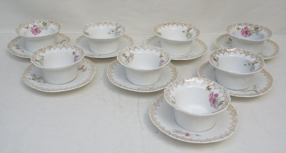 8 GERMAN PORCELAIN RAMEKINS: 8 German Porcelain Ramekins with underplates. All with Roses and Gilt Accents. Each ramekin 3 12"x3 1/2"x1 3/4". Underplates 5" Weight on all 2 pd 12 oz. PROVENANCE: A Private Pawleys Island SC Estate