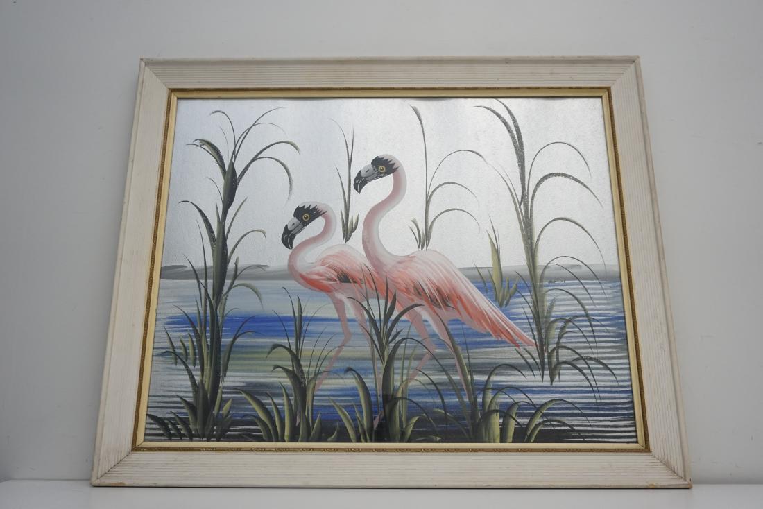 MID CENTURY FLAMINGOS WINDSOR MODE: Vintage Large Mid Century Windsor Mode Enhanced Flamigo Print. On silver board, hand painted enhancements. Original frame. Measures in frane 32"x26 1/2"x1 1/2". Weight 10 pds. The Illinois Moulding Co