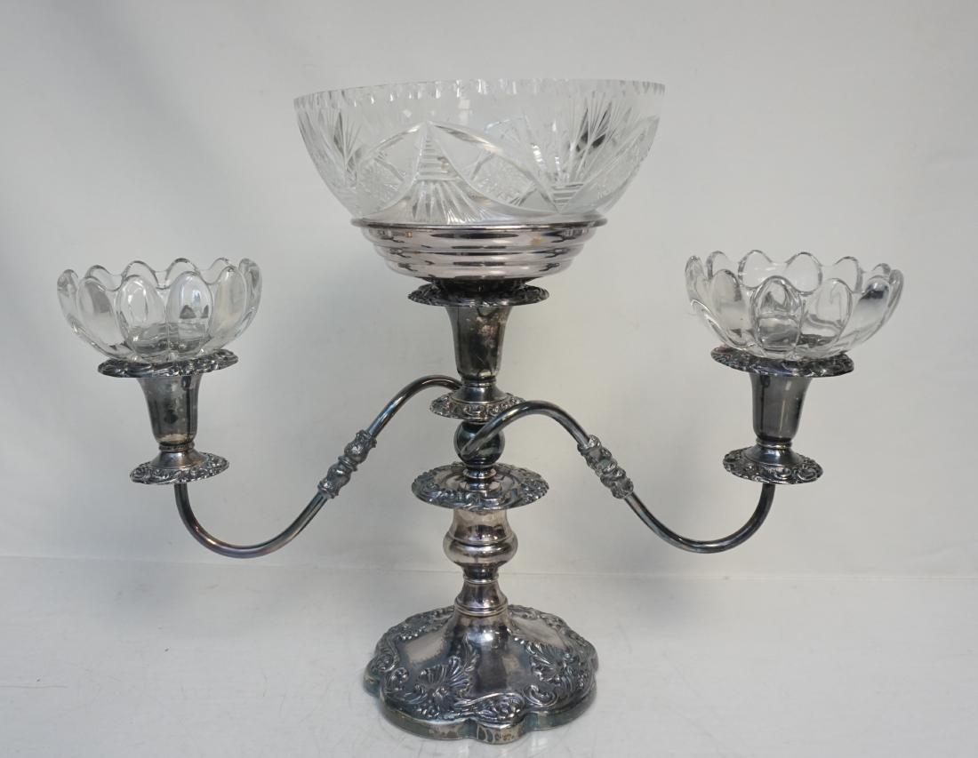 SHEFFIELD 3 ARM CANDELABRA / EPERGNE: Vintage The Sheffield Silver Company Silver Plated 3 Arm Candelabra / Epergne. Two glass bowls that can hold candles for the arms and a large cut glass center bowl for flowers. Center Bowl 8"x8"x3 3/4